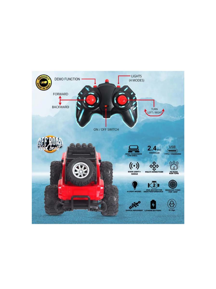 Wembley Defend Climbing Remote Control Car for Kids 4–12 Years, RC Monster Truck 2WD with Dual Spray Smoke, LED Lights, 2.4GHz Long Range, Alloy Body Off Road Car, Type C Rechargeable SUV - Image 2