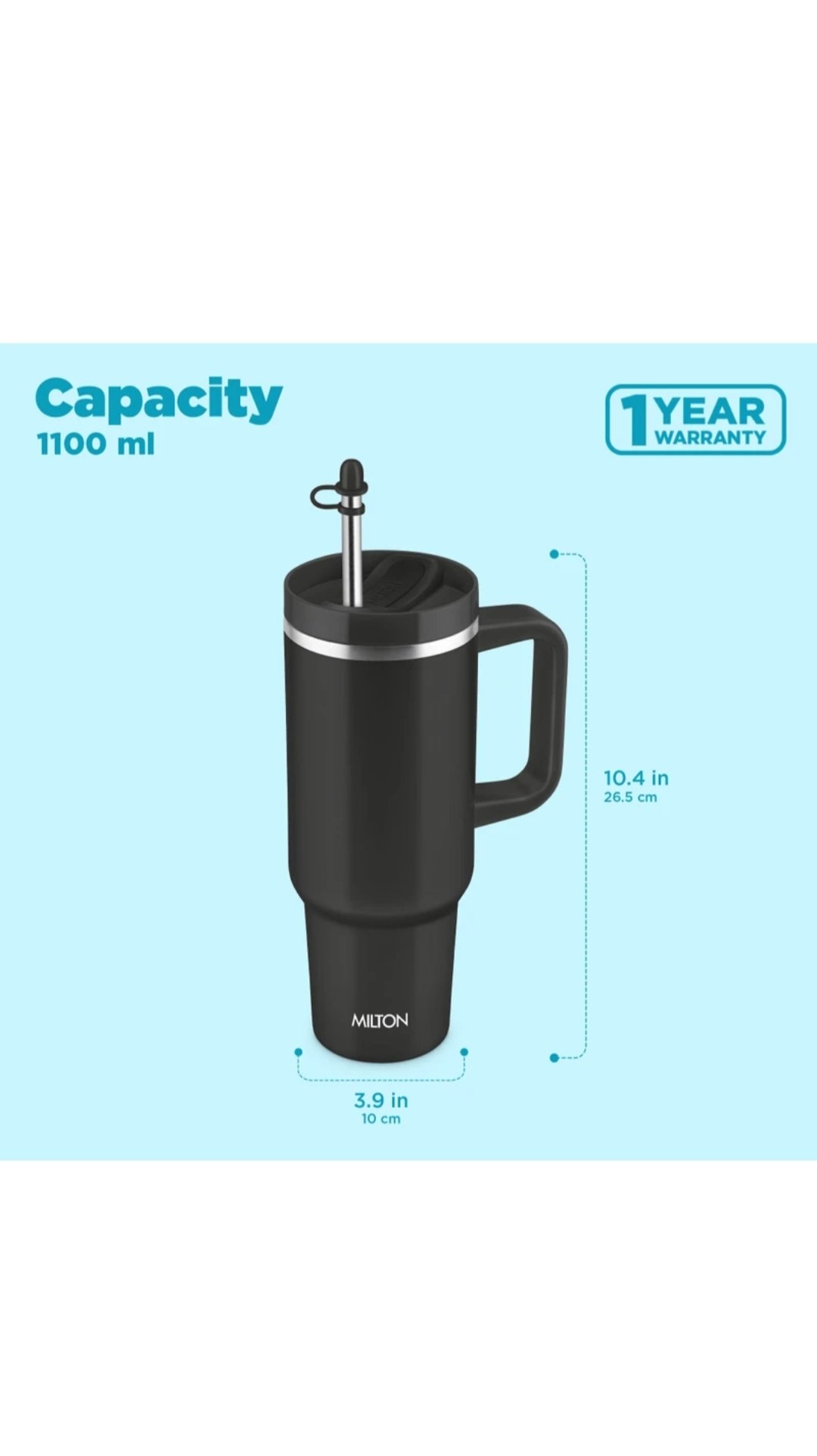 MILTON Malmo 1000 Thermosteel Double Wall Vacuum Insulated Stainless Steel Water Tumbler with Handle 1000ml,Travel Mug with Straw,Silicon Cap,Cleaning Brush,Hot & Cold Beverage Flask - Image 3