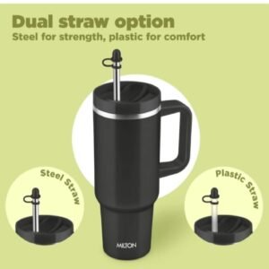 MILTON Malmo 1000 Thermosteel Double Wall Vacuum Insulated Stainless Steel Water Tumbler with Handle 1000ml,Travel Mug with Straw,Silicon Cap,Cleaning Brush,Hot & Cold Beverage Flask