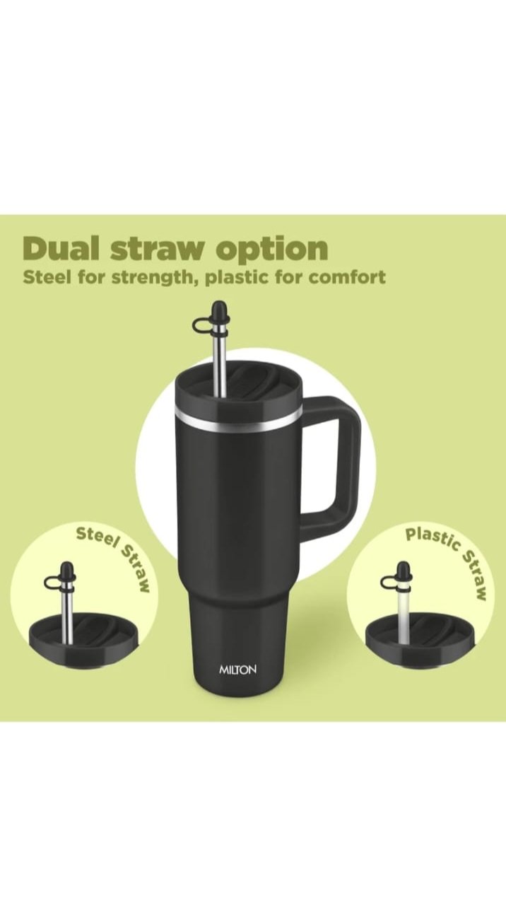 MILTON Malmo 1000 Thermosteel Double Wall Vacuum Insulated Stainless Steel Water Tumbler with Handle 1000ml,Travel Mug with Straw,Silicon Cap,Cleaning Brush,Hot & Cold Beverage Flask